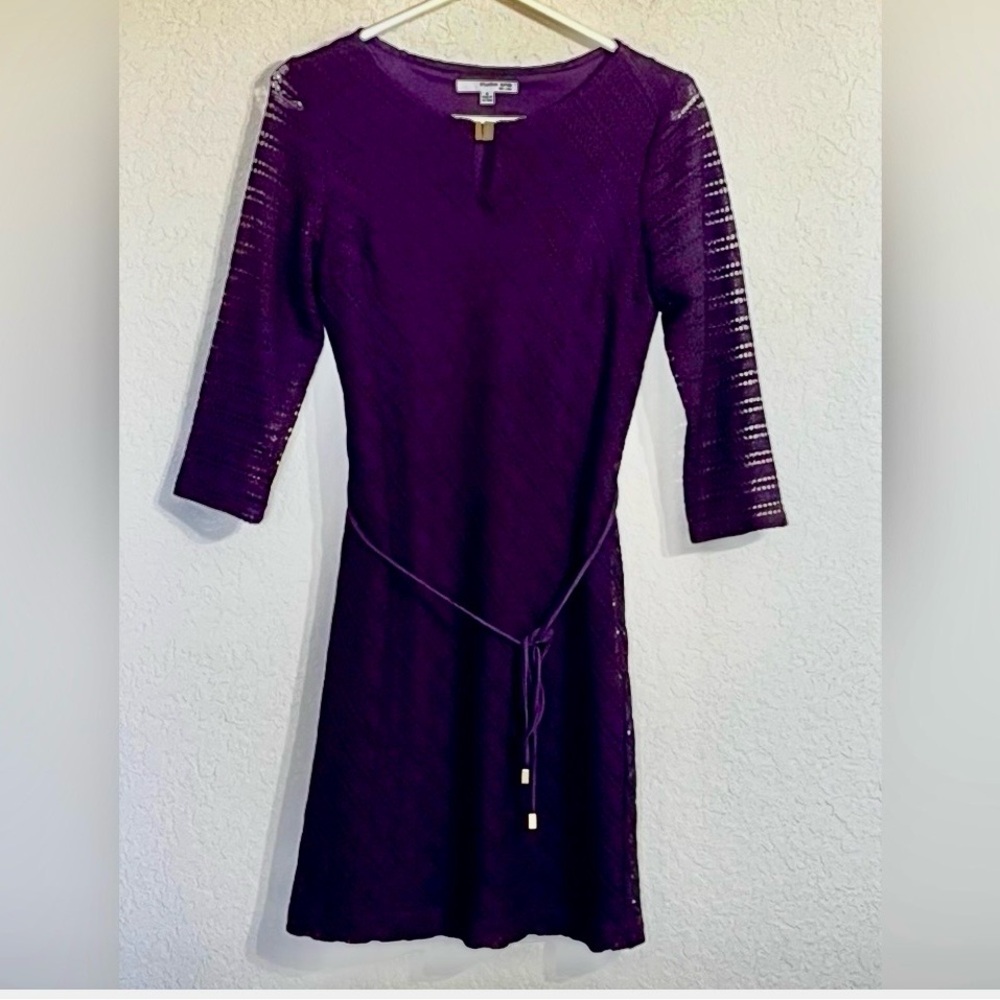 Studio One Size 4 Fit & Flare Y2K Dress Deep Plum Purple Textured Knit Belted
